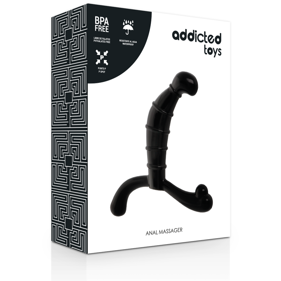 Boite Addicted toys Anal Massager et stimulateur prostate TPR noir, corps annele courbe avec base de maintien, conçu pour cibler prostate et perinee.