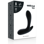 Masseur prostate silicone Addicted toys noir devant sa boite Anal Massager, forme ergonomique incurvee a double moteur, rechargeable USB et etanche IPX.