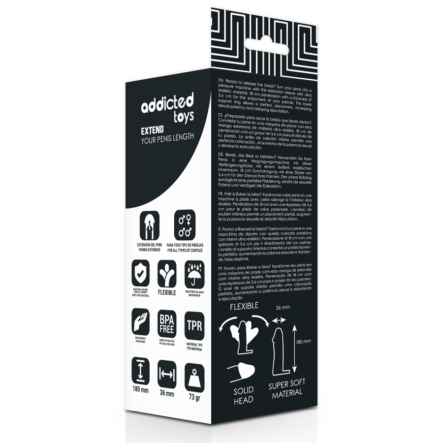 Boite Addicted Toys de la gaine penienne realiste effet allongement, packaging noir et blanc indiquant la matiere super soft et la tete pleine de l'extension.