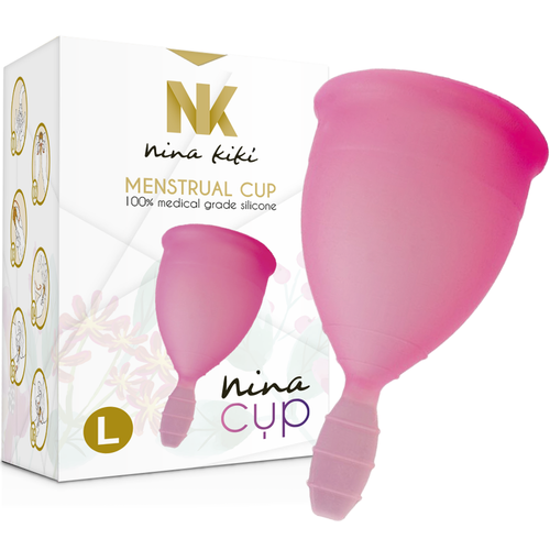 Boite Nina Cup taille L avec coupe menstruelle rose en silicone medical posee a cote, emballage Nina Kiki, protection reutilisable contre les regles