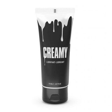Flacon de lubrifiant Creamy a base d'eau, format 75 ml, vue de face etiquette noire au degrade coulant blanc, gel intime soyeux extra glissant effet laiteux