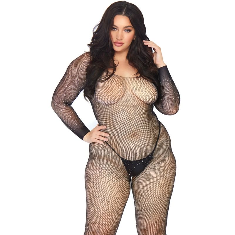 Bodystocking manches longues résille cristallisée noir — vue de profil