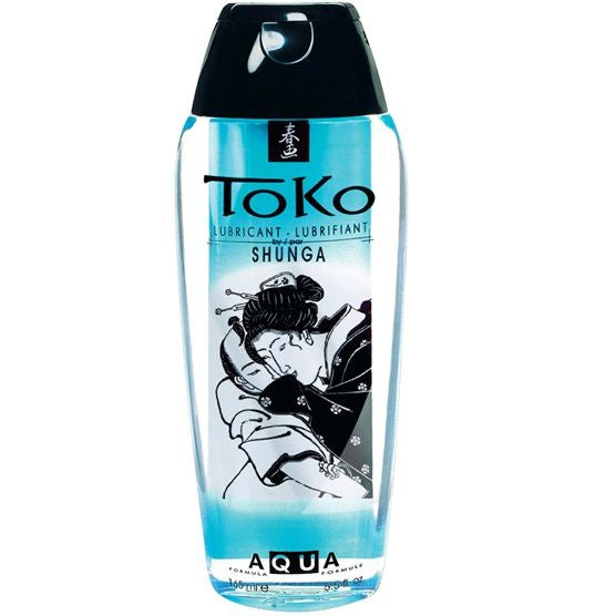 Flacon Toko Aqua Shunga bleu de face, lubrifiant naturel base eau 165 ml ultra soyeux, soluble a l eau, compatible preservatifs et accessoires latex, entretien simple