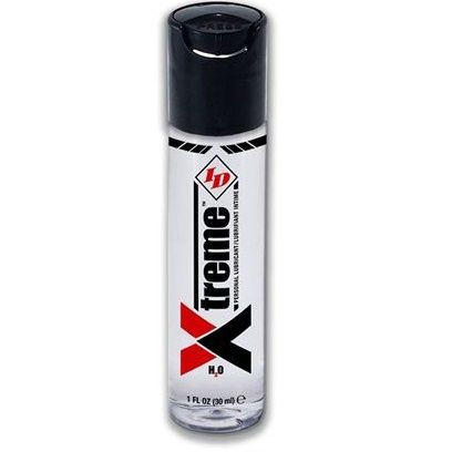 Flacon ID Xtreme H2O transparent 30 ml, lubrifiant base eau haute performance intense, etiquette argentee logo croix rouge vue de face
