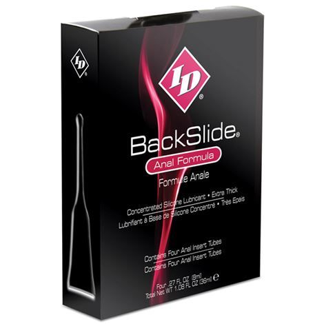 Boite noire ID BackSlide Anal Formula de face, lubrifiant anal base silicone en 4 dosettes insert, texture longue tenue compatible preservatifs latex