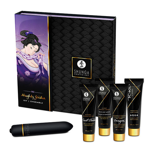 Coffret Shunga Naughty Geisha violet etale avec sa boite illustree d une geisha denudee, balle vibrante noire, lubrifiant, gels clitoridiens et cremes stimulantes pour couples