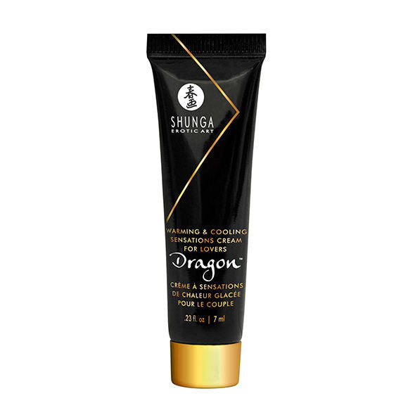 Tube noir Shunga Dragon du coffret Naughty Geisha de face, creme a sensations chaud froid pour couples 7 ml, accessoire stimulant inclus dans le coffret bien etre