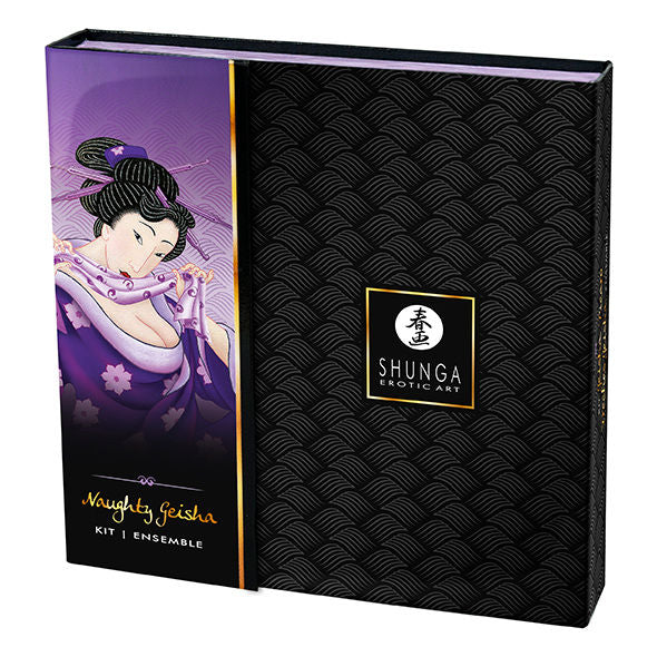 Coffret Shunga Naughty Geisha ferme, boite violette illustree d une geisha denudee, ensemble reunissant lubrifiant gels et balle vibrante pour explorer le plaisir a deux