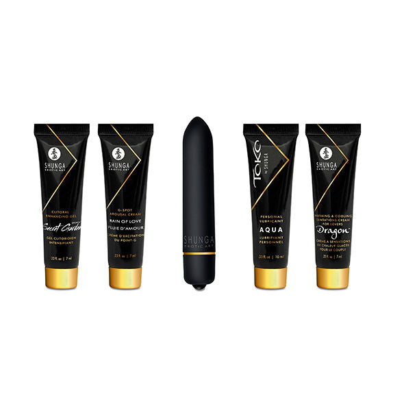 Les produits du coffret Shunga Naughty Geisha alignes, tubes de soins, balle vibrante lisse et lubrifiant Toko Aqua, ensemble bien etre intime a explorer en couple