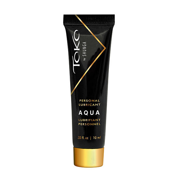 Tube Toko Aqua Shunga blanc et dore de face, lubrifiant personnel base eau 70 ml du coffret Naughty Geisha, formule soyeuse compatible preservatifs et accessoires latex
