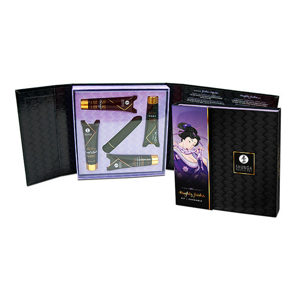 Coffret Shunga Naughty Geisha ouvert montrant ses tubes de soins et son livret, boite violette illustree d une geisha denudee, ensemble bien etre intime pour couples