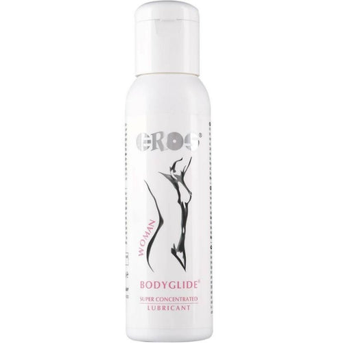Bouteille blanche Eros Bodyglide Woman silicone superconcentre, vue laterale, lubrifiant pense pour les femmes, glisse soyeuse sans huile ni graisse