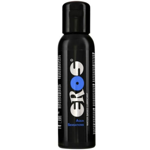 Flacon noir Eros Aqua Sensations base eau, format moyen, effet legerement rafraichissant, glisse soyeuse sans trace compatible preservatifs