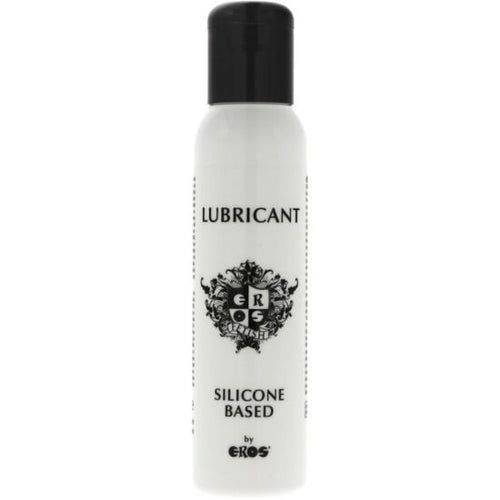 Flacon blanc Eros Lubricant silicone based, logo noir orne, lubrifiant base silicone a la glisse soyeuse longue duree, incolore et inodore
