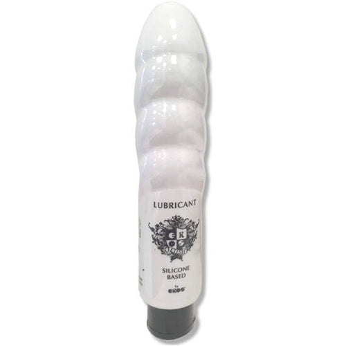 Flacon Eros lubrifiant silicone a la forme blanche torsadee et texturee fantaisie, clin d'oeil ludique non realiste, glisse soyeuse longue duree