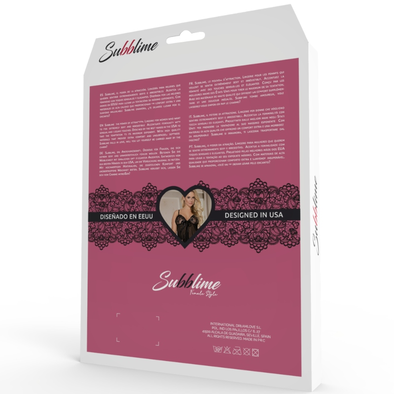 Dos du coffret Subblime, fond magenta orne de dentelle imprimee, descriptif multilingue et coeur central, packaging premium du babydoll noir sans element anatomique.
