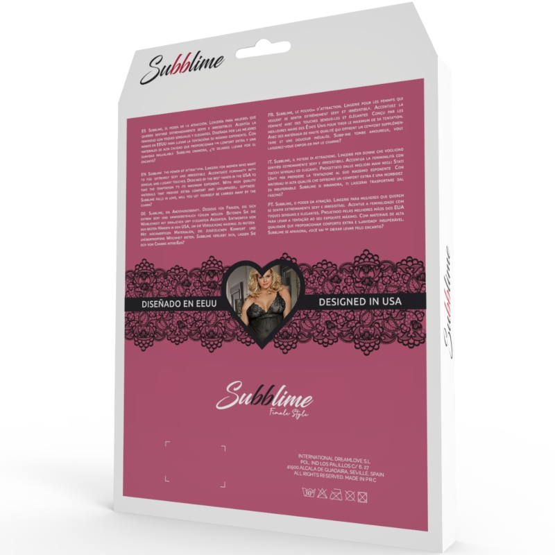 Verso de la boite Subblime, fond prune avec texte descriptif, dentelle imprimee et logo cœur Designed in USA, aucun corps represente.