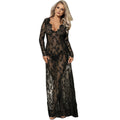 Robe longue noire manches longues lacets fleuris — vue rapprochée
