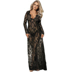 Robe longue noire manches longues lacets fleuris — vue rapprochée