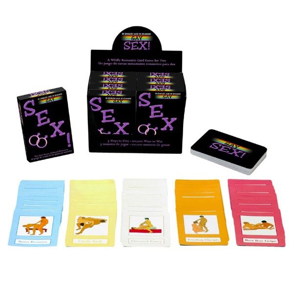 Coffret de présentoir et cartes du jeu Gay Sex, avec cinq cartes illustrées de positions sexuelles