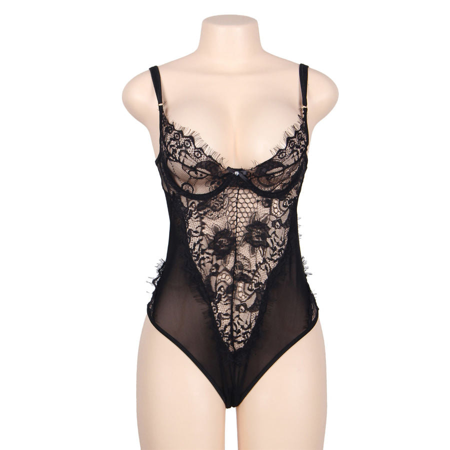 Teddy noir à dentelle florale et franges grande taille — vue principale
