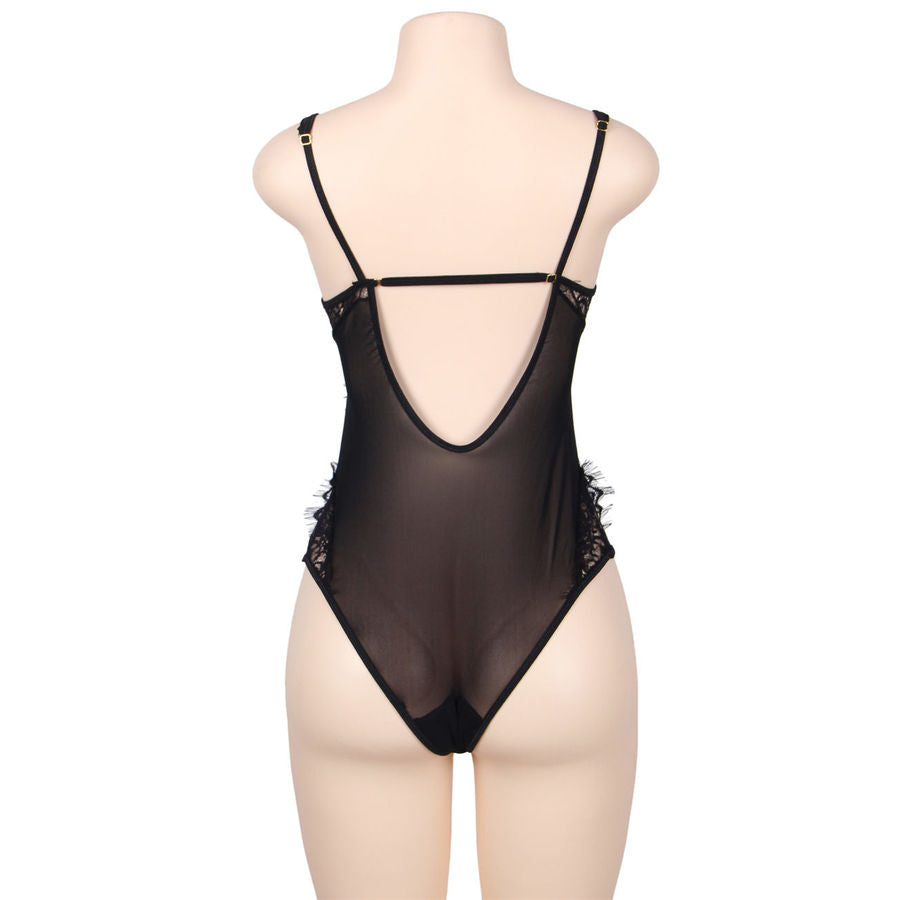 Teddy noir à dentelle florale et franges grande taille — vue de profil