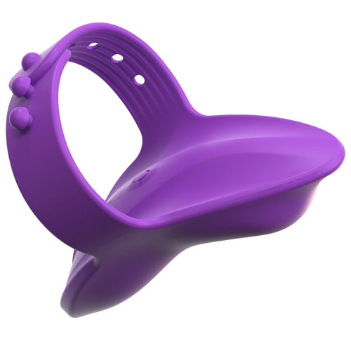 Doigt vibrant Finger Vibe violet, vue de profil montrant la sangle à trous et l'embout stimulant