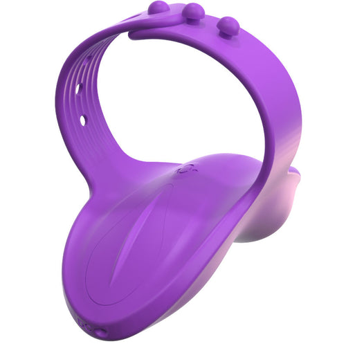 Doigt vibrant Finger Vibe violet avec sangle perforée réglable, vue de trois quarts, sangle ouverte