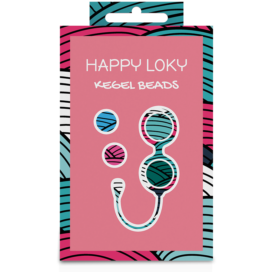 Boîte Happy Loky Kegel Beads, packaging rose et bleu-vert à motifs, illustration des boules et de leur cordon