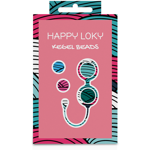 Boîte Happy Loky Kegel Beads, packaging rose et bleu-vert à motifs, illustration des boules et de leur cordon