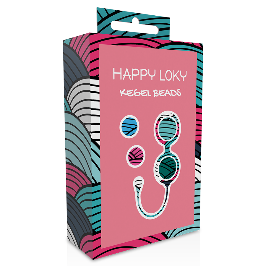 Boîte Happy Loky Kegel Beads vue en angle 3D, packaging rose et bleu-vert à motifs