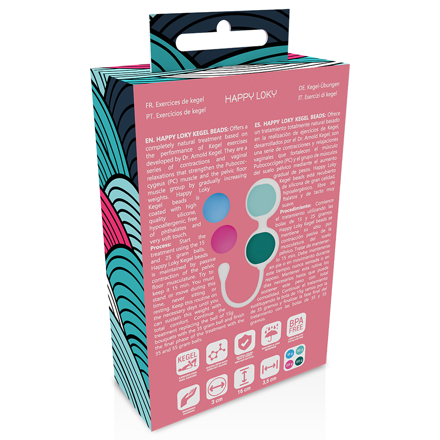 Dos de la boîte Happy Loky Kegel Beads avec instructions multilingues et pictogrammes (dimensions 3 cm / 16 cm / 3,5 cm, sans BPA)