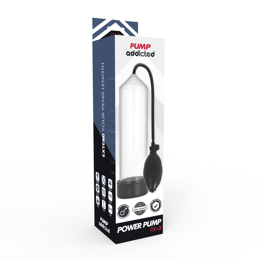 Boite Addicted Power Pump RX3 de profil, pompe a penis transparente a poire noire visible, systeme de vide silicone et ABS pour gagner en longueur.