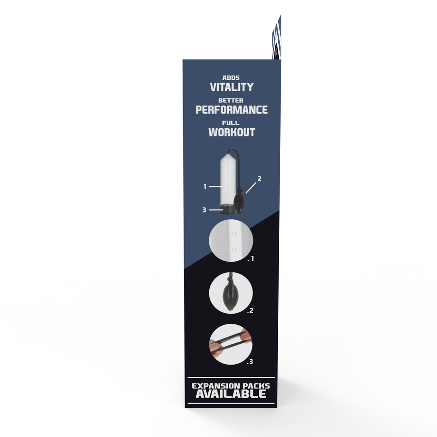 Boite Addicted Power Pump RX3 face avec slogans vitality et performance, schema de mise en place et mention expansion packs available, sans anatomie.