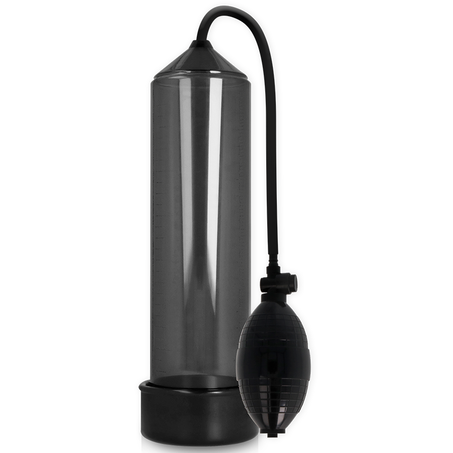Pompe a penis Addicted RX3 a cylindre transparent fume et poire d'aspiration noire, joint hermetique a la base pour un effet de vide progressif.