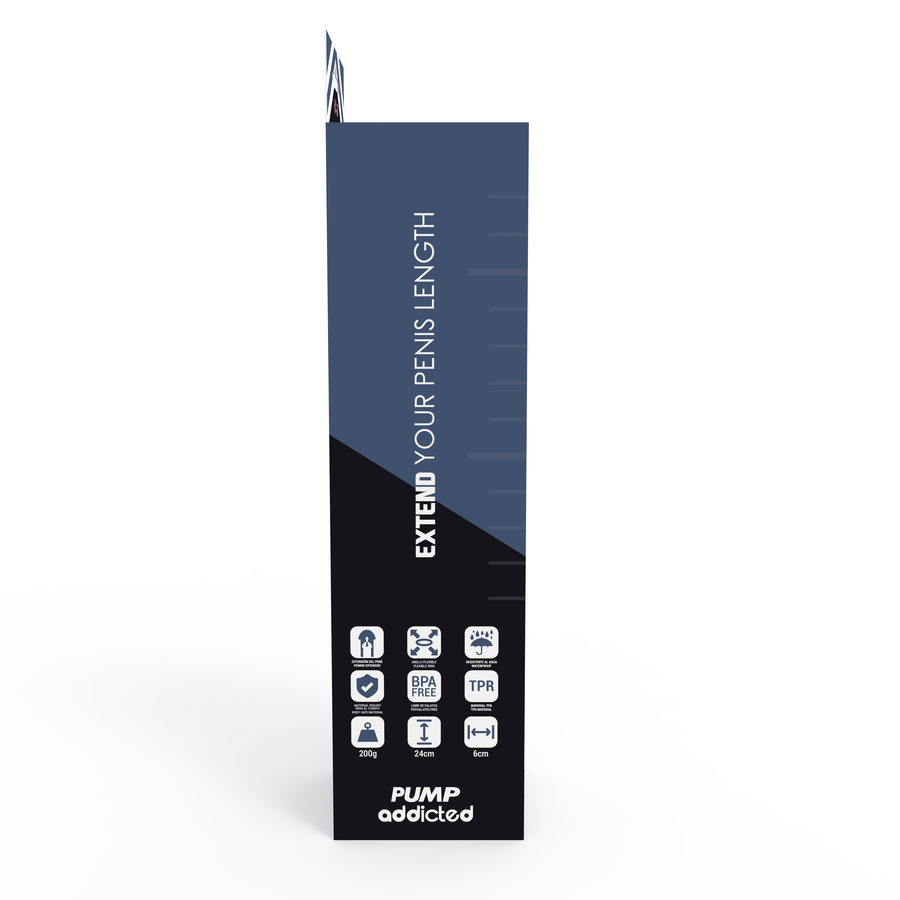Boite Addicted Power Pump RX3 vue de profil, mention extend your penis length et pictogrammes TPR, systeme de vide pour erection durable sans chirurgie.