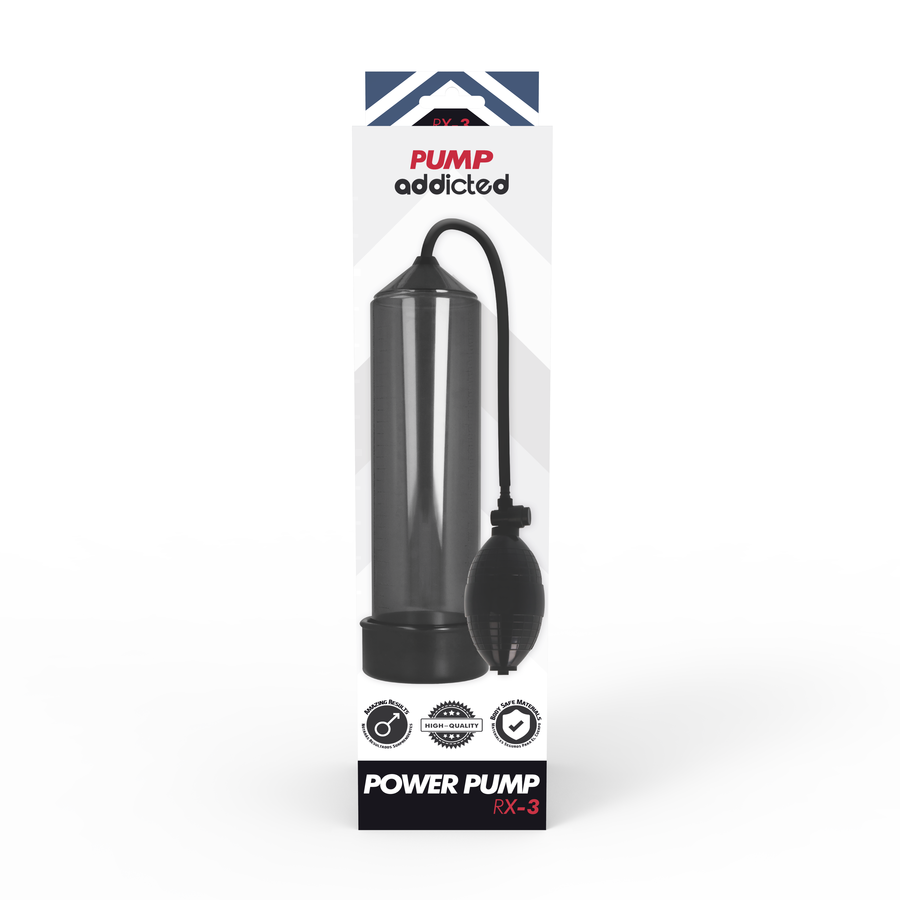 Boite Addicted Power Pump RX3 illustrant la pompe a penis a cylindre fume et poire noire, systeme de vide manuel pour entretenir l'erection.