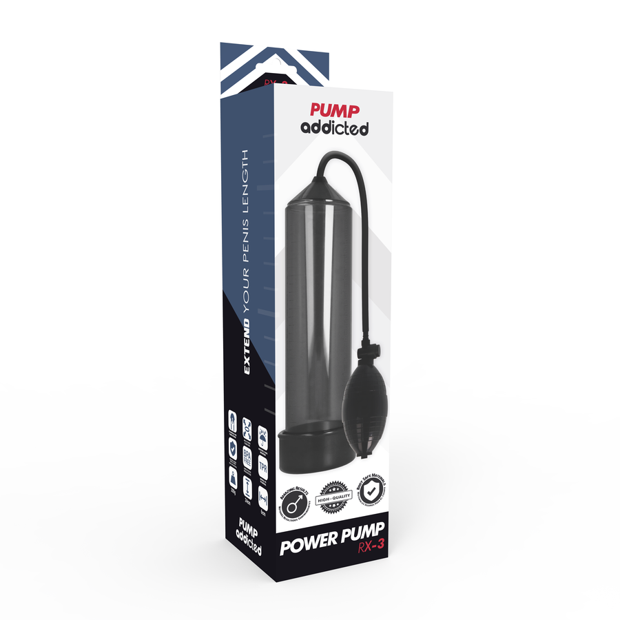 Boite Addicted Power Pump RX3 de profil illustrant la pompe a penis a cylindre fume et poire noire, mention extend your penis length, systeme de vide silicone ABS.