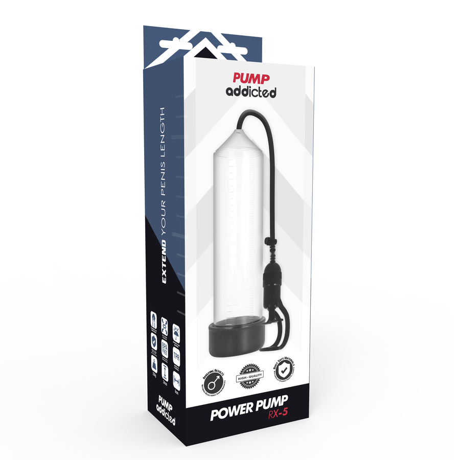 Boite Addicted Power Pump RX5 de profil, pompe a penis transparente a poire noire, mention extend your penis length et systeme de vide silicone ABS.