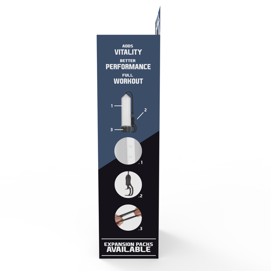 Boite Addicted Power Pump RX5 face avec slogans vitality et performance, schema de mise en place et mention expansion packs available, sans anatomie.