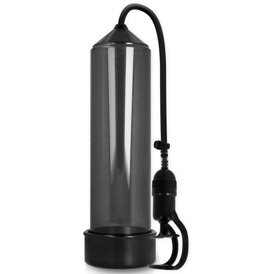 Pompe a penis Addicted RX5 a cylindre transparent fume et poire d'aspiration noire, joint hermetique a la base pour un effet de vide controle.