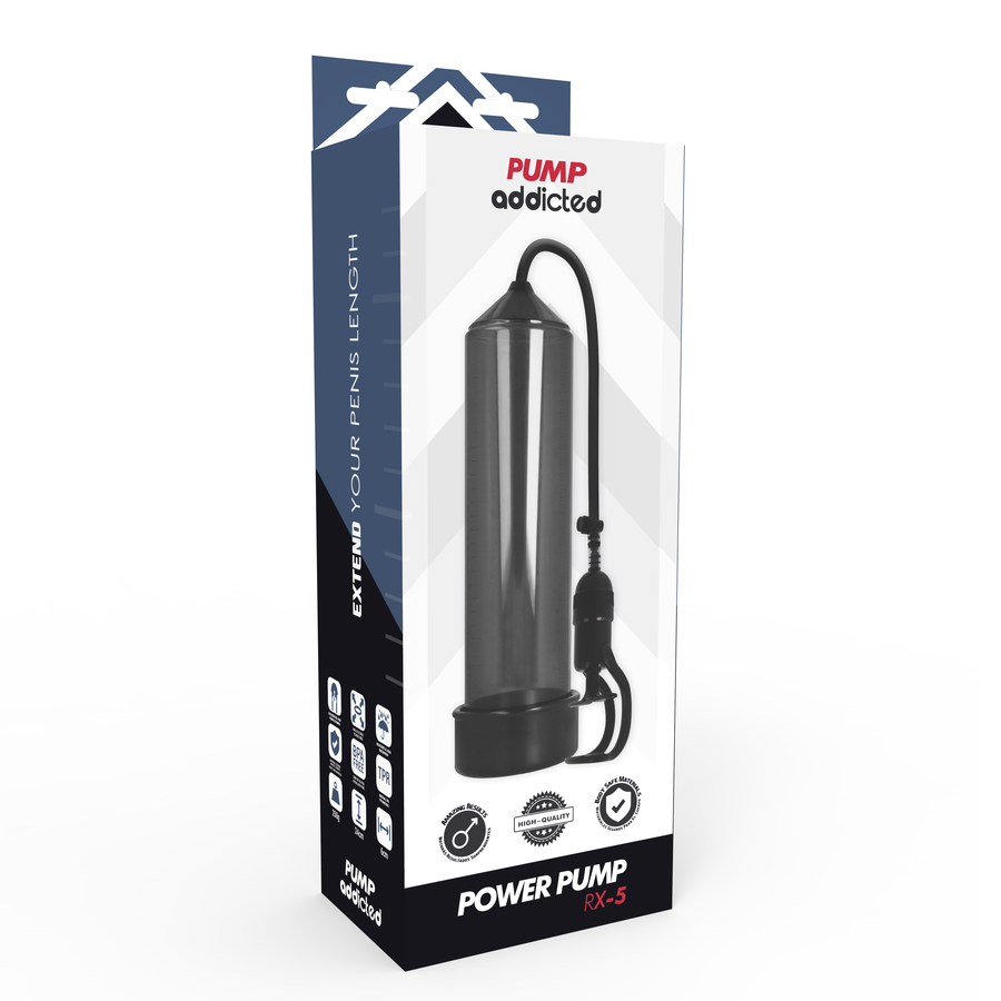 Boite Addicted Power Pump RX5 illustrant la pompe a penis a cylindre fume et poire noire, systeme de vide progressif pour entretenir l'erection.
