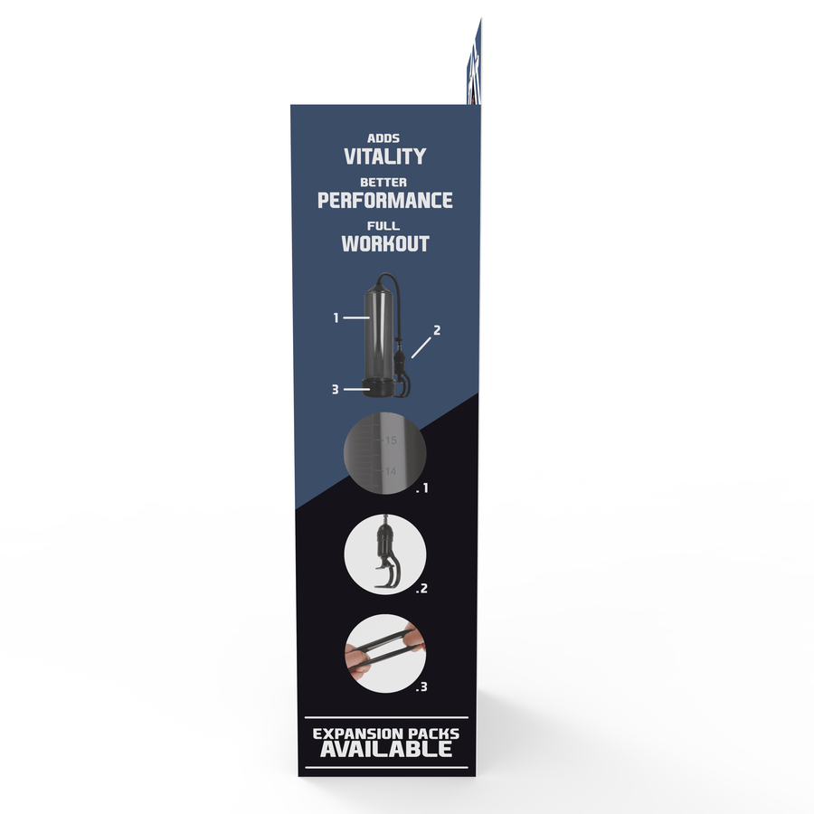 Boite Addicted Power Pump RX5 face avec slogans vitality et performance, schema de mise en place et expansion packs available, accessoire sans anatomie.