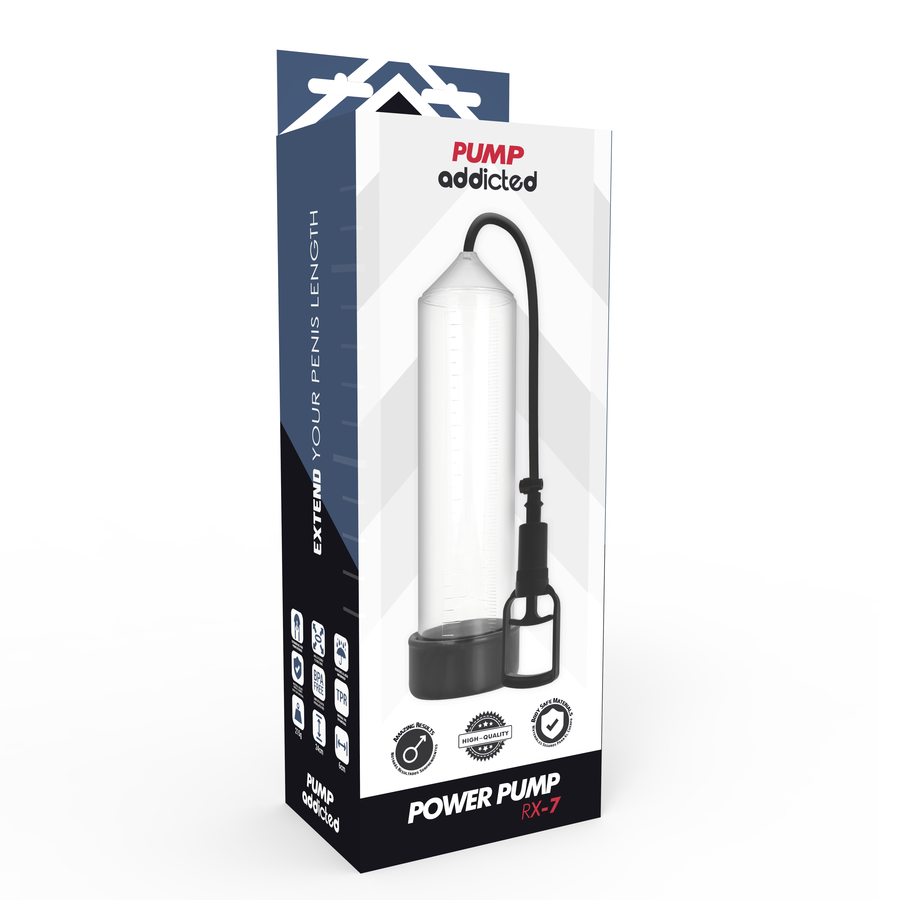 Boite Addicted Power Pump RX7 de profil, pompe a penis transparente a gachette noire, mention extend your penis length et systeme de vide silicone ABS.