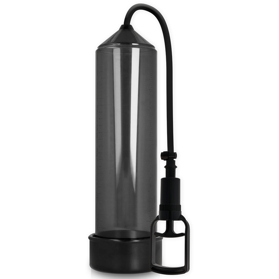 Pompe a penis Addicted RX7 a cylindre transparent fume et poignee gachette noire, joint hermetique a la base pour un effet de vide compatible sleeve.