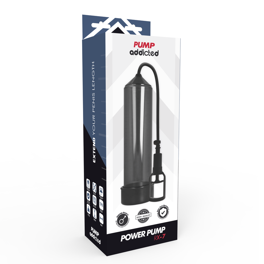 Boite Addicted Power Pump RX7 illustrant la pompe a penis a cylindre fume et gachette noire, systeme de vide pour entretenir l'erection.