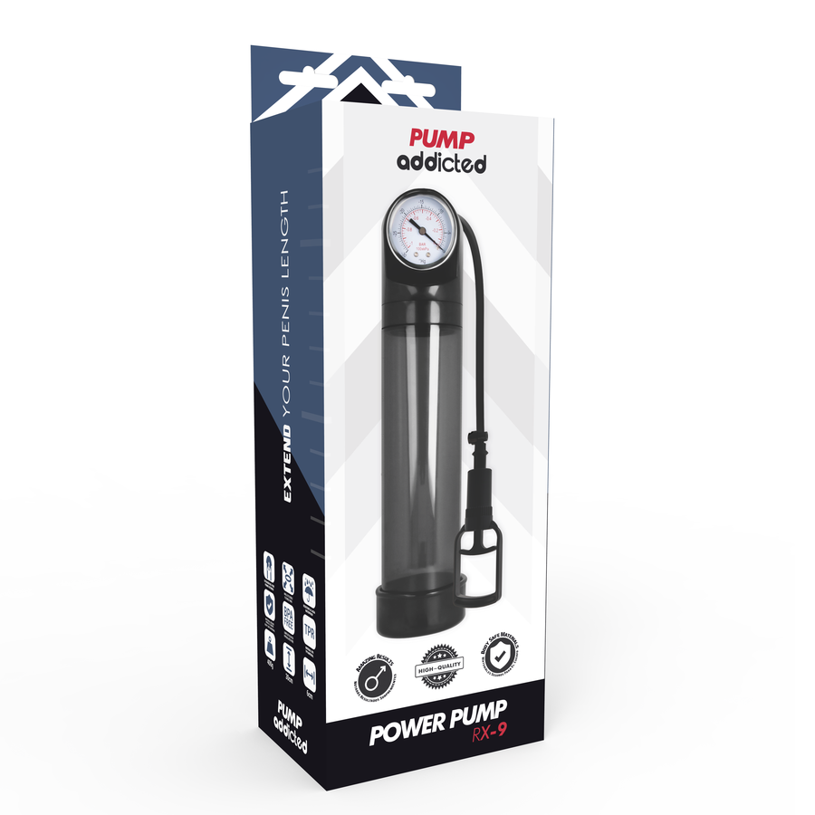 Boite Power Pump RX-9 Addicted vue de trois quarts, emballage de la pompe penienne au calibrateur integre, corps silicone et ABS, mention extend your penis length.