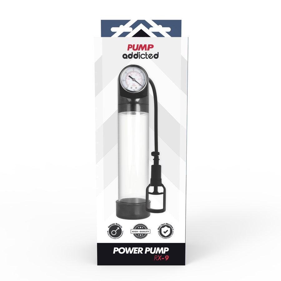 Emballage Power Pump RX-9 Addicted de face, pompe penienne transparente a manometre, systeme de vide en silicone et ABS pour gagner en longueur.