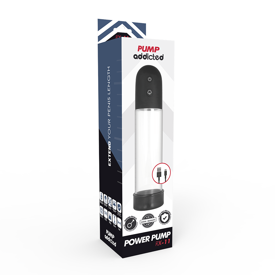 Emballage Power Pump RX-11 Addicted vu de trois quarts, pompe penienne automatique etanche, cylindre transparent et commande electronique du vide.