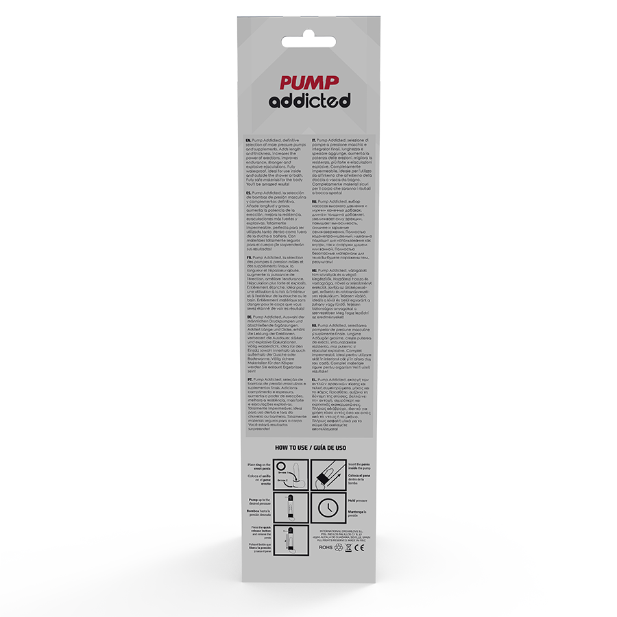 Verso de la boite Pump Addicted avec texte multilingue et schema d'usage de la pompe a erection, visuel sobre sans representation anatomique.